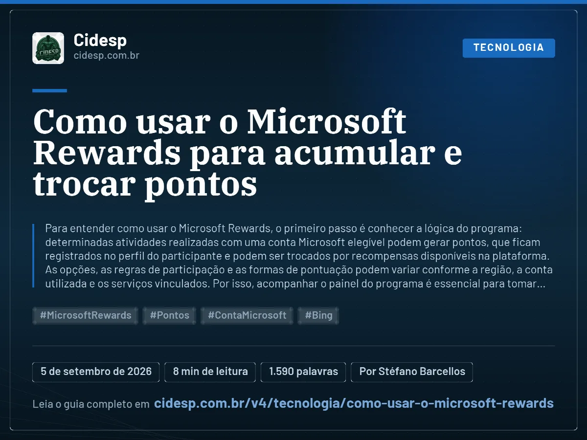 Cartão do artigo “Como usar o Microsoft Rewards para acumular e trocar pontos”, com resumo, data de publicação e endereço da página.