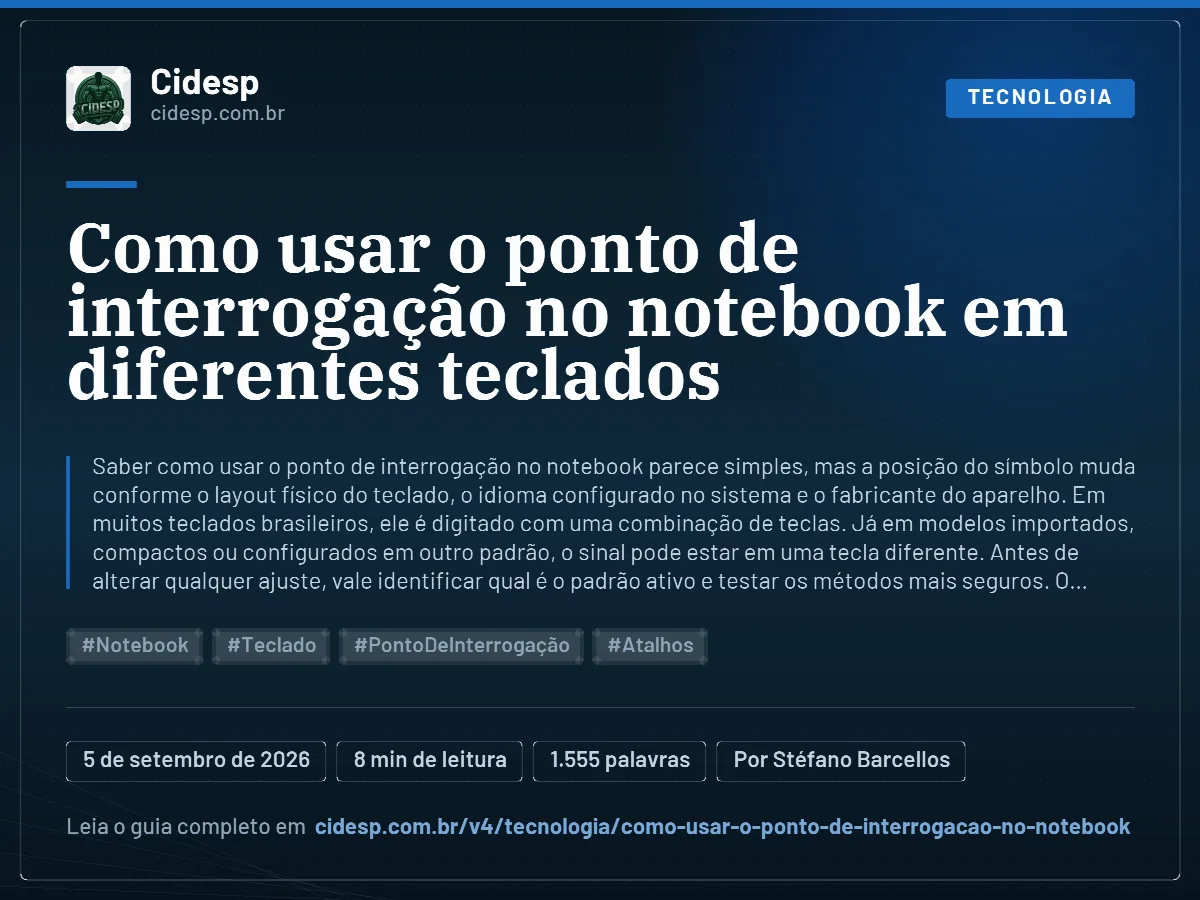 Cartão do artigo “Como usar o ponto de interrogação no notebook em diferentes teclados”, com resumo, data de publicação e endereço da página.