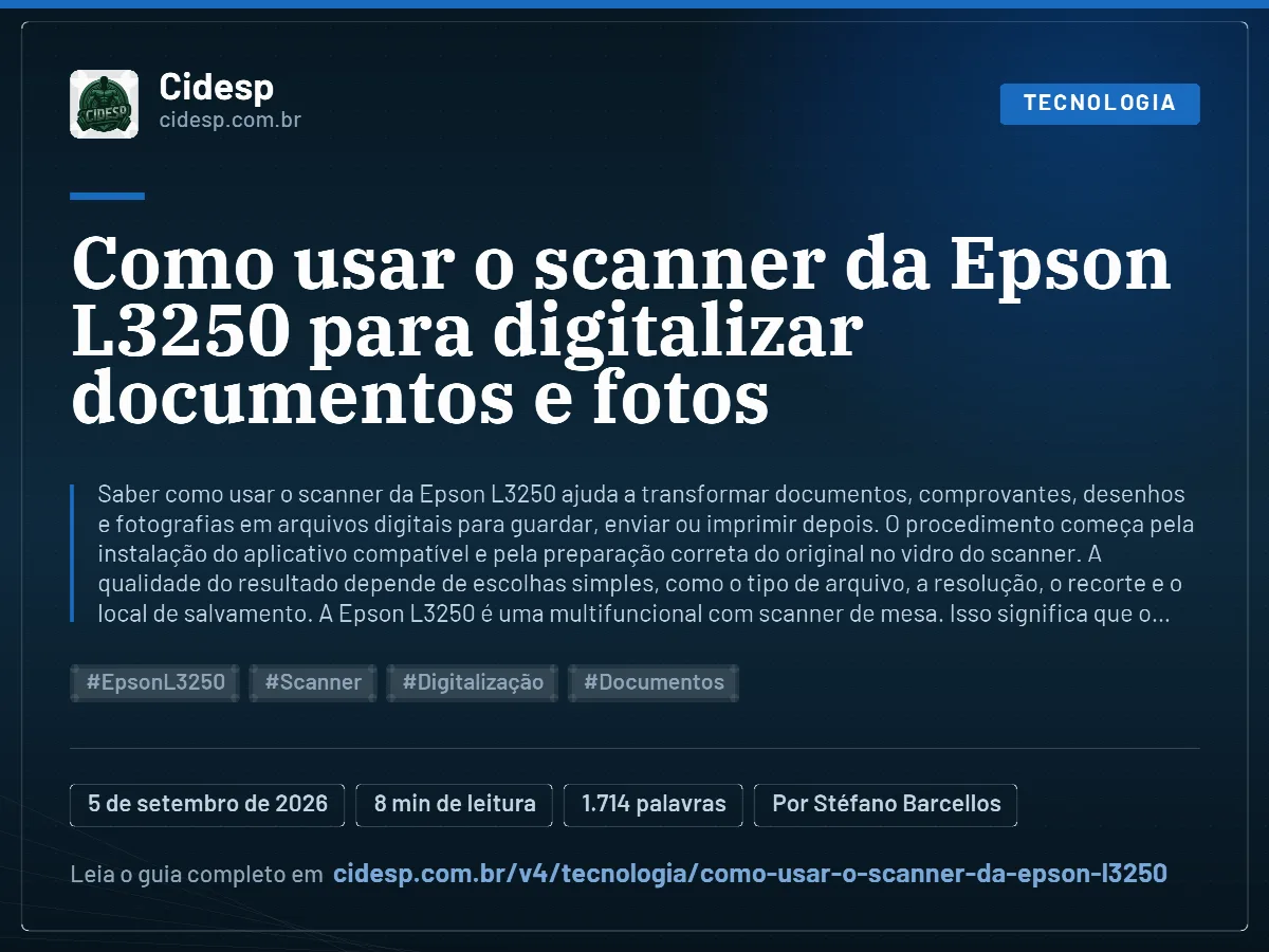 Cartão do artigo “Como usar o scanner da Epson L3250 para digitalizar documentos e fotos”, com resumo, data de publicação e endereço da página.