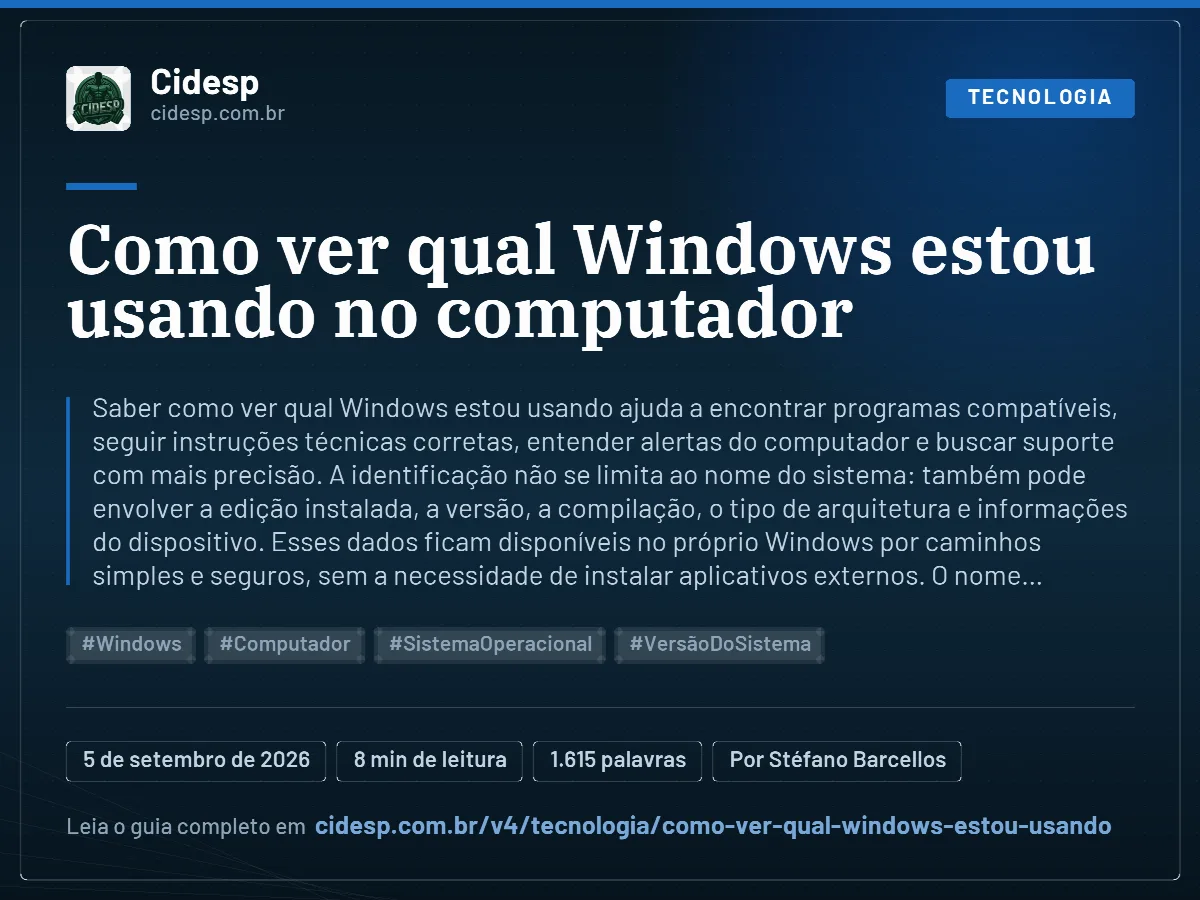 Cartão do artigo “Como ver qual Windows estou usando no computador”, com resumo, data de publicação e endereço da página.