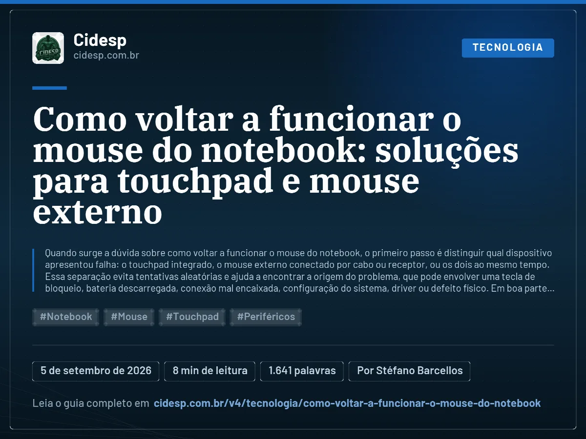 Cartão do artigo “Como voltar a funcionar o mouse do notebook: soluções para touchpad e mouse externo”, com resumo, data de publicação e endereço da página.