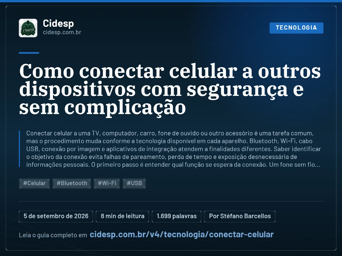 Cartão do artigo “Como conectar celular a outros dispositivos com segurança e sem complicação”, com resumo, data de publicação e endereço da página.
