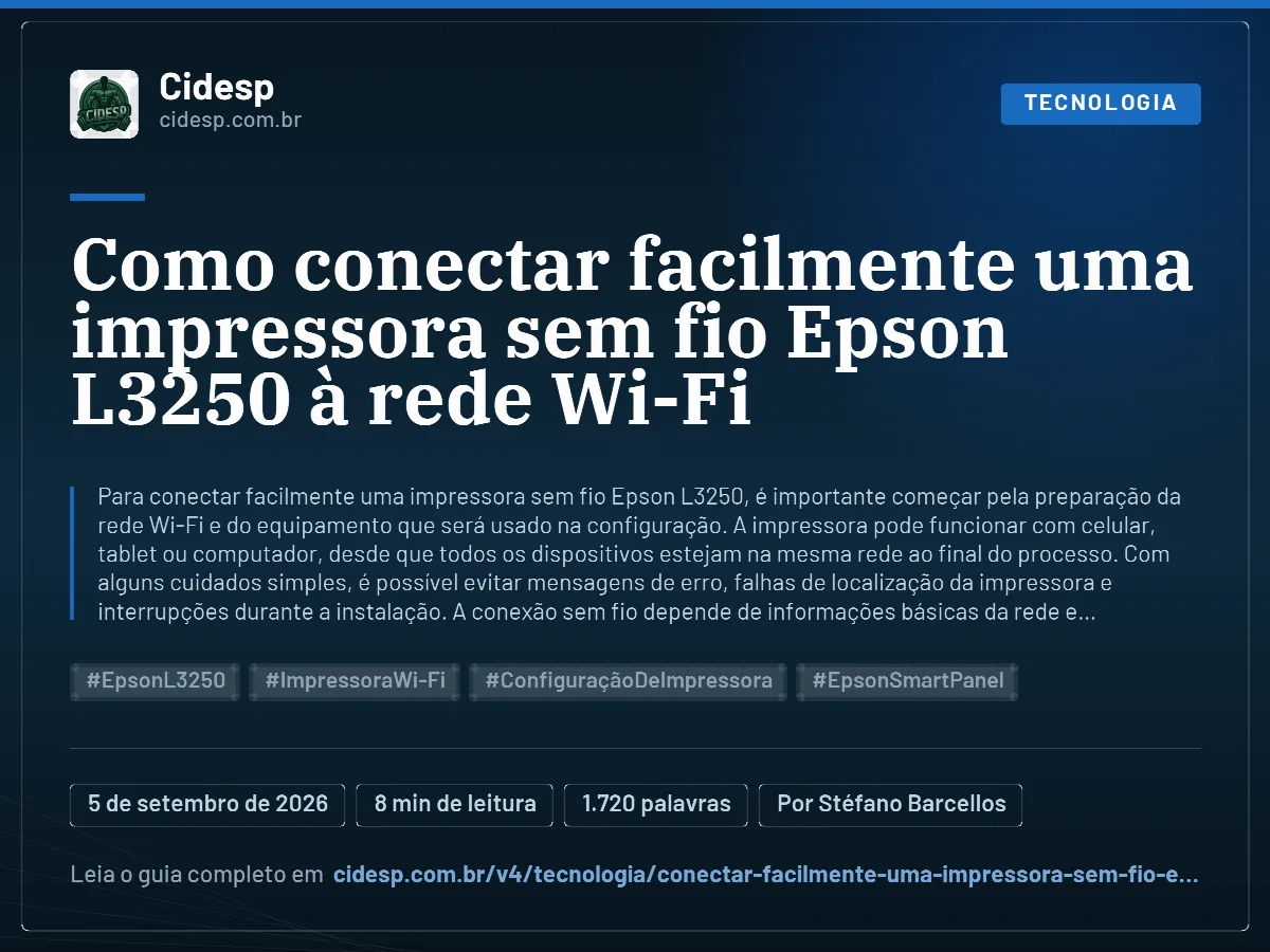 Cartão do artigo “Como conectar facilmente uma impressora sem fio Epson L3250 à rede Wi-Fi”, com resumo, data de publicação e endereço da página.