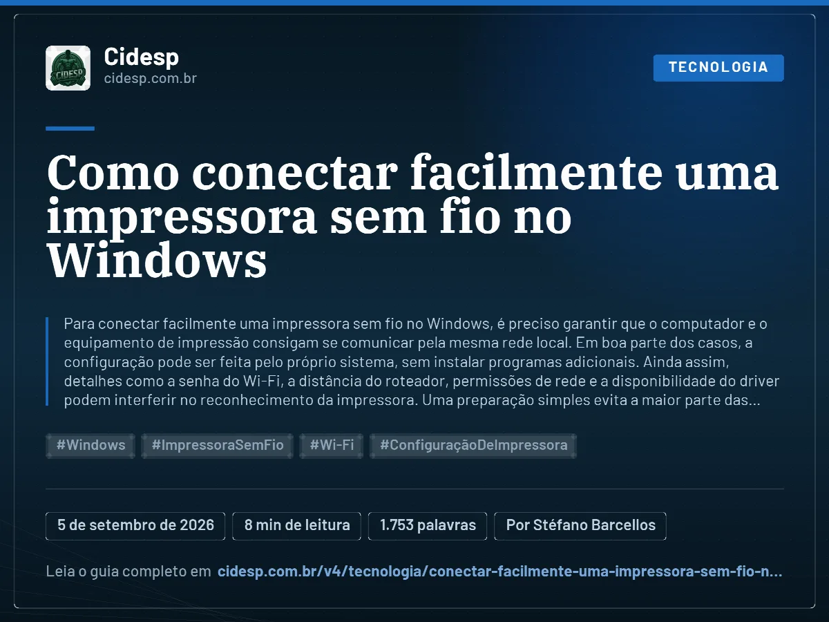 Cartão do artigo “Como conectar facilmente uma impressora sem fio no Windows”, com resumo, data de publicação e endereço da página.