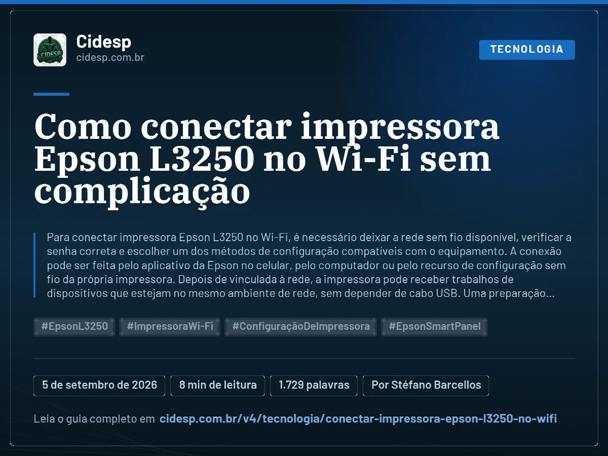 Cartão do artigo “Como conectar impressora Epson L3250 no Wi-Fi sem complicação”, com resumo, data de publicação e endereço da página.