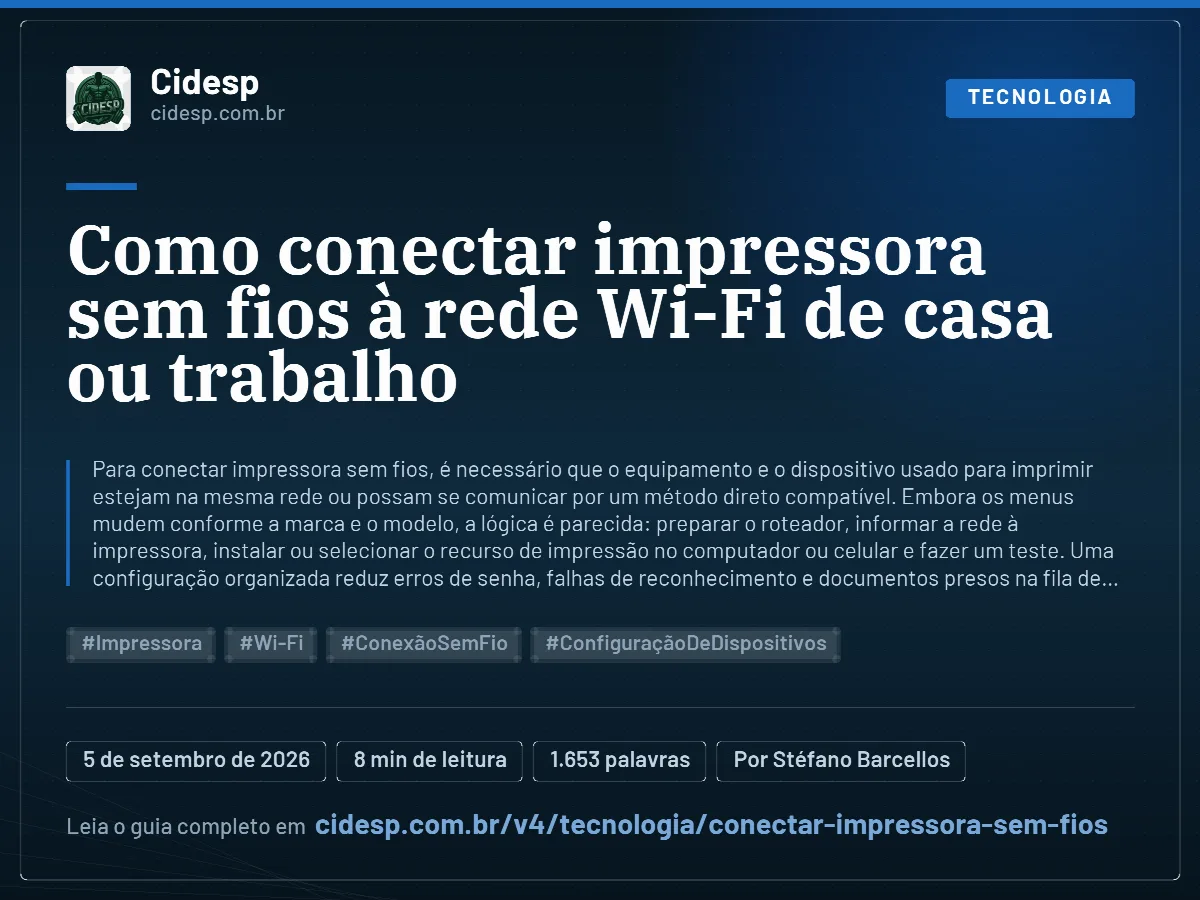 Cartão do artigo “Como conectar impressora sem fios à rede Wi-Fi de casa ou trabalho”, com resumo, data de publicação e endereço da página.