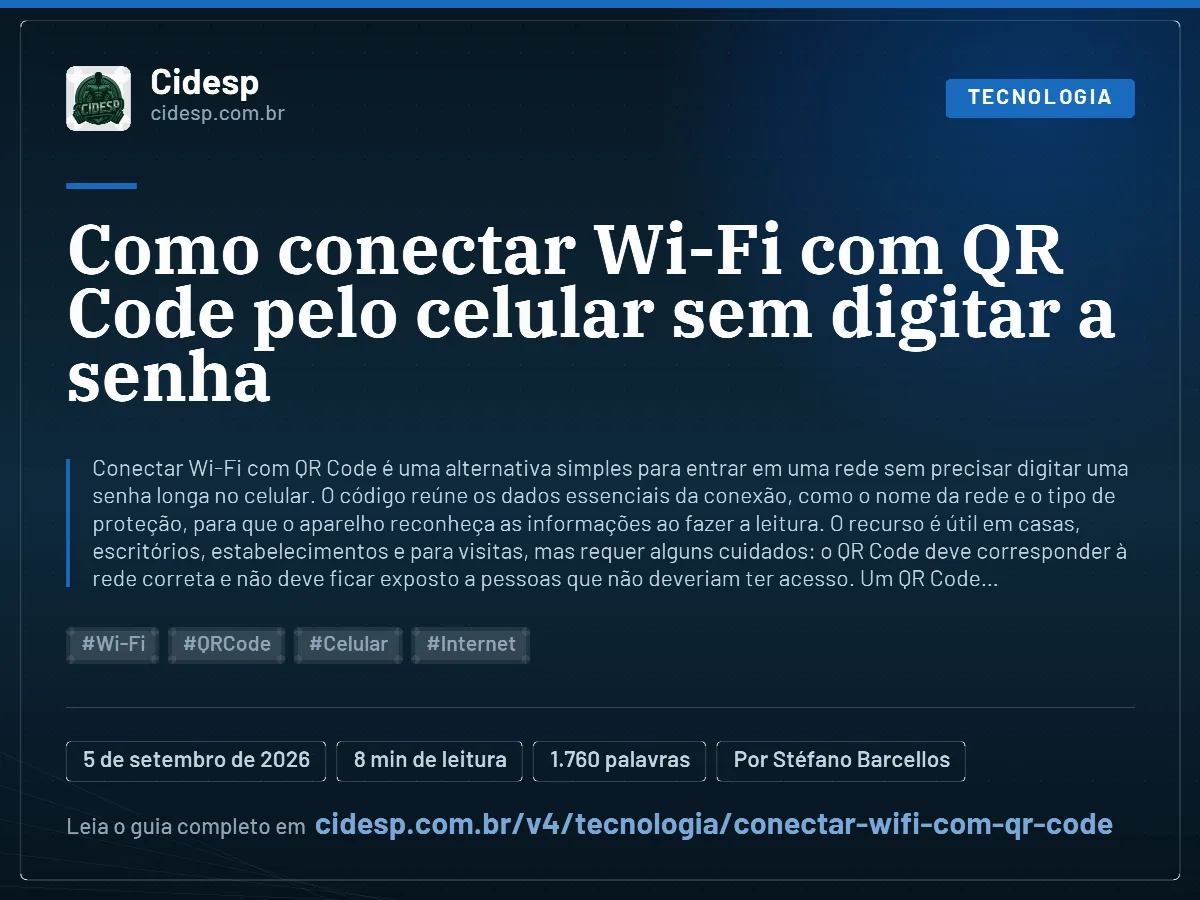 Cartão do artigo “Como conectar Wi-Fi com QR Code pelo celular sem digitar a senha”, com resumo, data de publicação e endereço da página.