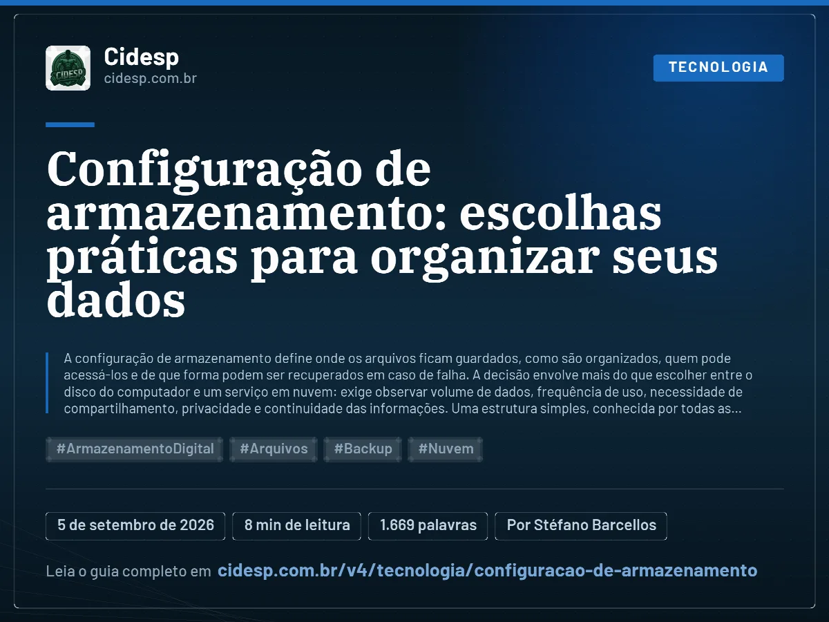 Cartão do artigo “Configuração de armazenamento: escolhas práticas para organizar seus dados”, com resumo, data de publicação e endereço da página.