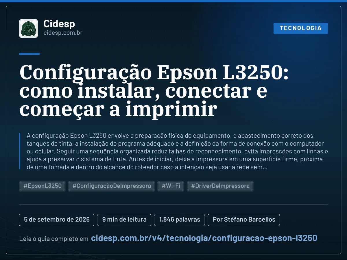Cartão do artigo “Configuração Epson L3250: como instalar, conectar e começar a imprimir”, com resumo, data de publicação e endereço da página.
