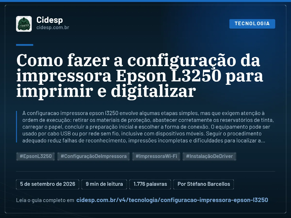 Cartão do artigo “Como fazer a configuração da impressora Epson L3250 para imprimir e digitalizar”, com resumo, data de publicação e endereço da página.