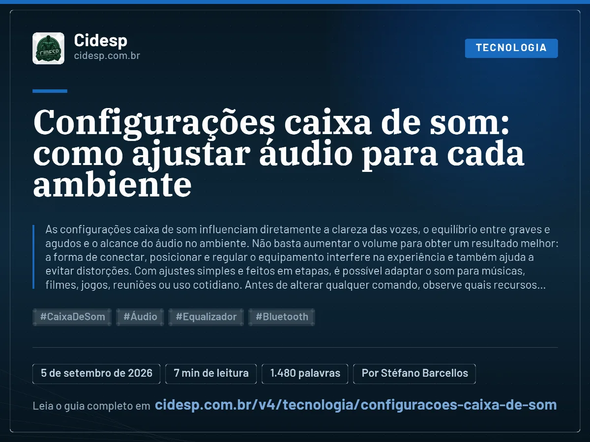 Cartão do artigo “Configurações caixa de som: como ajustar áudio para cada ambiente”, com resumo, data de publicação e endereço da página.