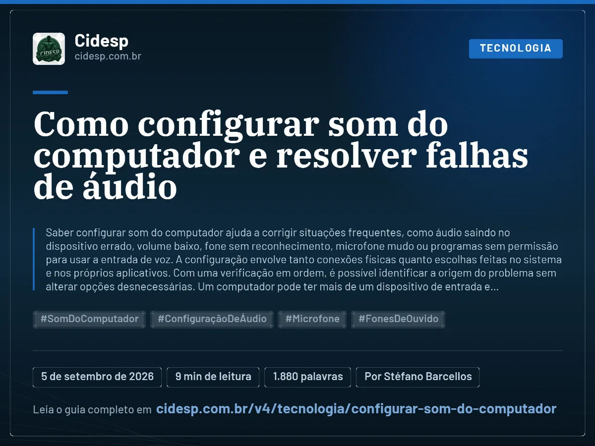 Cartão do artigo “Como configurar som do computador e resolver falhas de áudio”, com resumo, data de publicação e endereço da página.