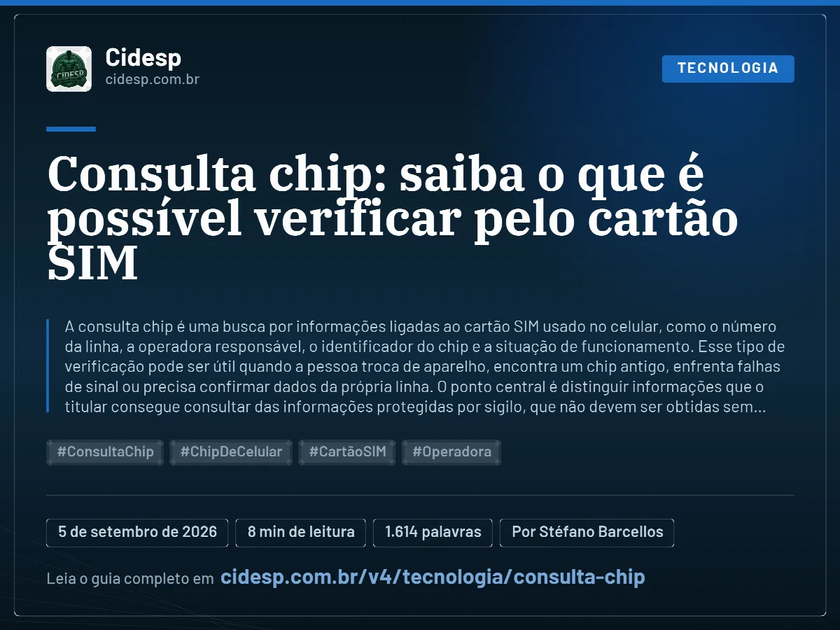 Cartão do artigo “Consulta chip: saiba o que é possível verificar pelo cartão SIM”, com resumo, data de publicação e endereço da página.