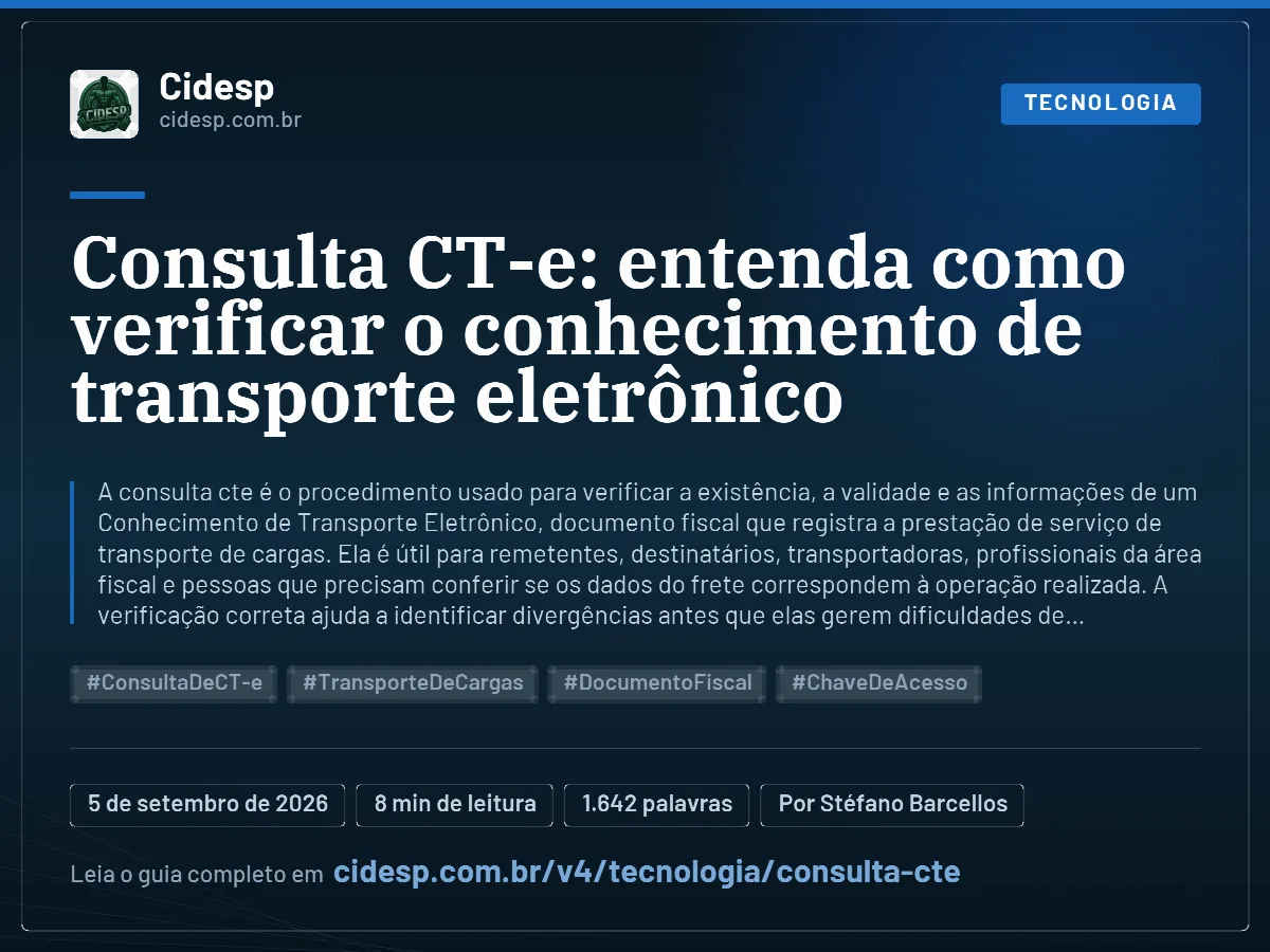 Cartão do artigo “Consulta CT-e: entenda como verificar o conhecimento de transporte eletrônico”, com resumo, data de publicação e endereço da página.