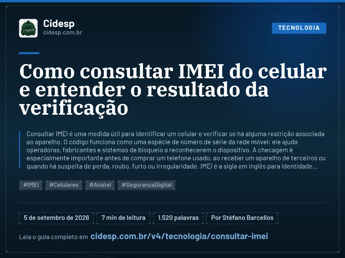 Cartão do artigo “Como consultar IMEI do celular e entender o resultado da verificação”, com resumo, data de publicação e endereço da página.