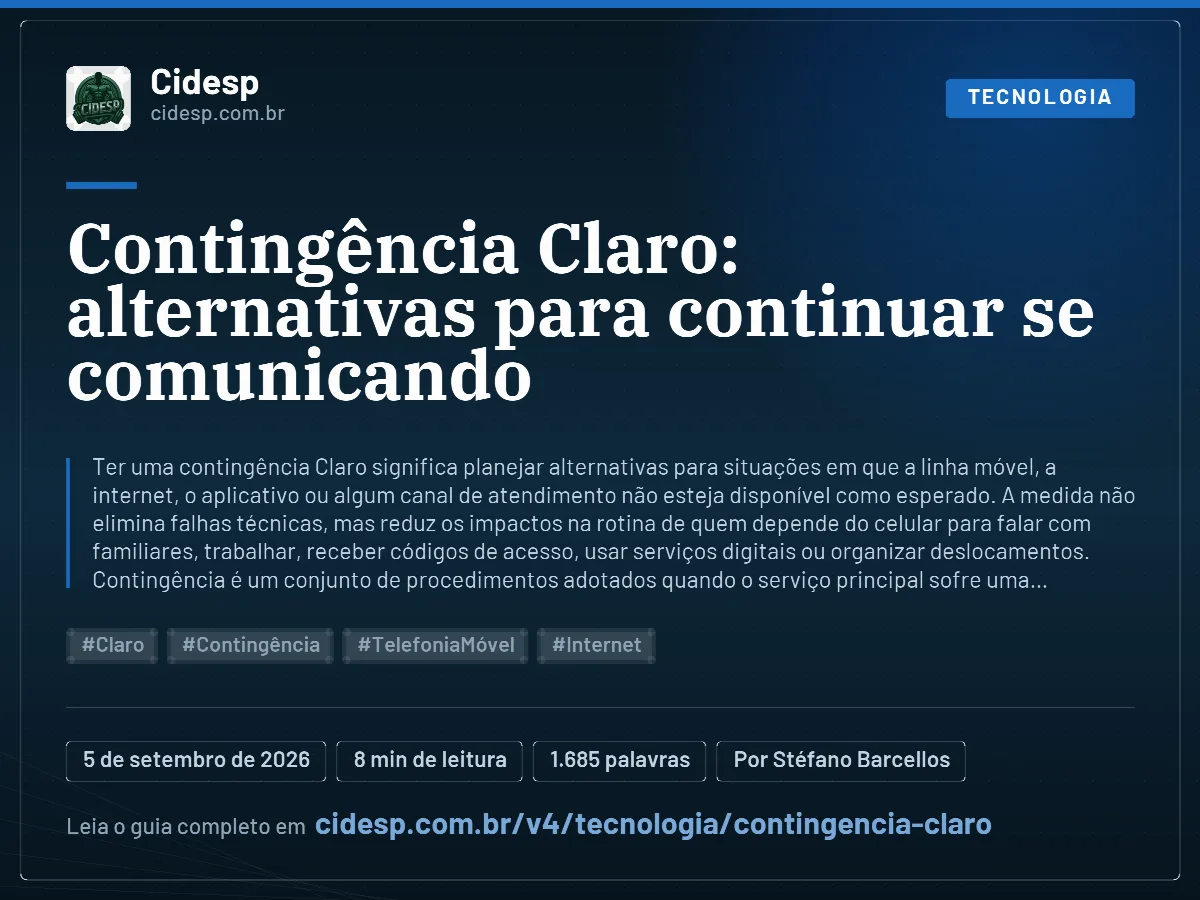 Cartão do artigo “Contingência Claro: alternativas para continuar se comunicando”, com resumo, data de publicação e endereço da página.