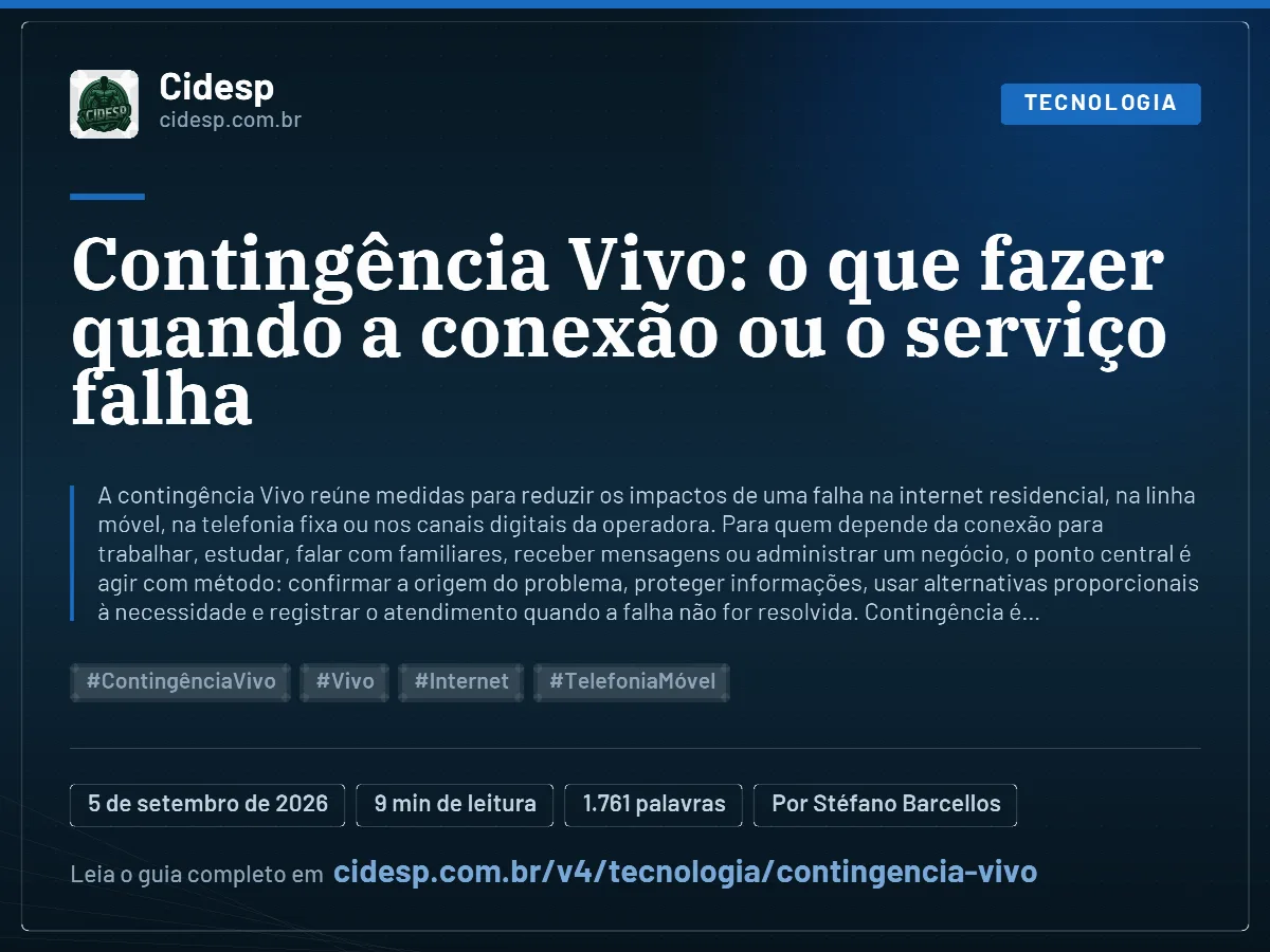 Cartão do artigo “Contingência Vivo: o que fazer quando a conexão ou o serviço falha”, com resumo, data de publicação e endereço da página.