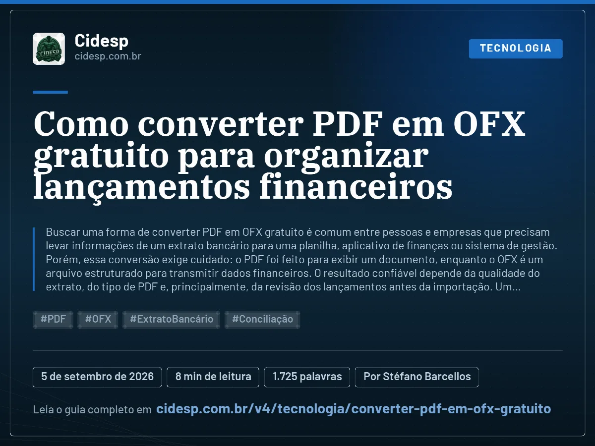 Cartão do artigo “Como converter PDF em OFX gratuito para organizar lançamentos financeiros”, com resumo, data de publicação e endereço da página.