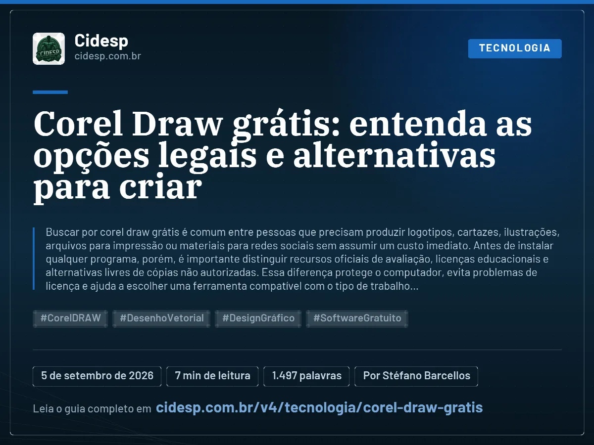 Cartão do artigo “Corel Draw grátis: entenda as opções legais e alternativas para criar”, com resumo, data de publicação e endereço da página.