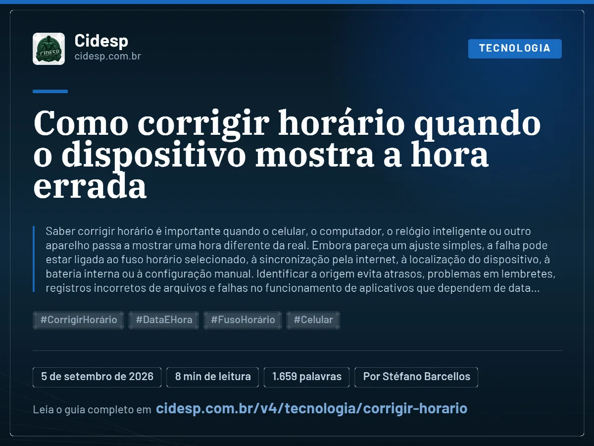 Cartão do artigo “Como corrigir horário quando o dispositivo mostra a hora errada”, com resumo, data de publicação e endereço da página.