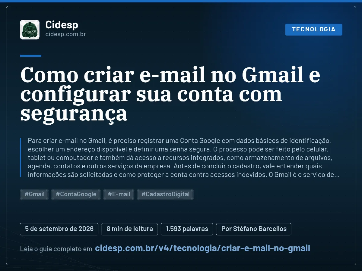 Cartão do artigo “Como criar e-mail no Gmail e configurar sua conta com segurança”, com resumo, data de publicação e endereço da página.