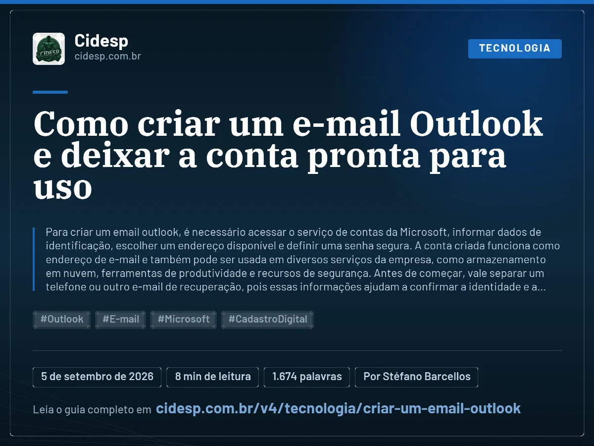 Cartão do artigo “Como criar um e-mail Outlook e deixar a conta pronta para uso”, com resumo, data de publicação e endereço da página.
