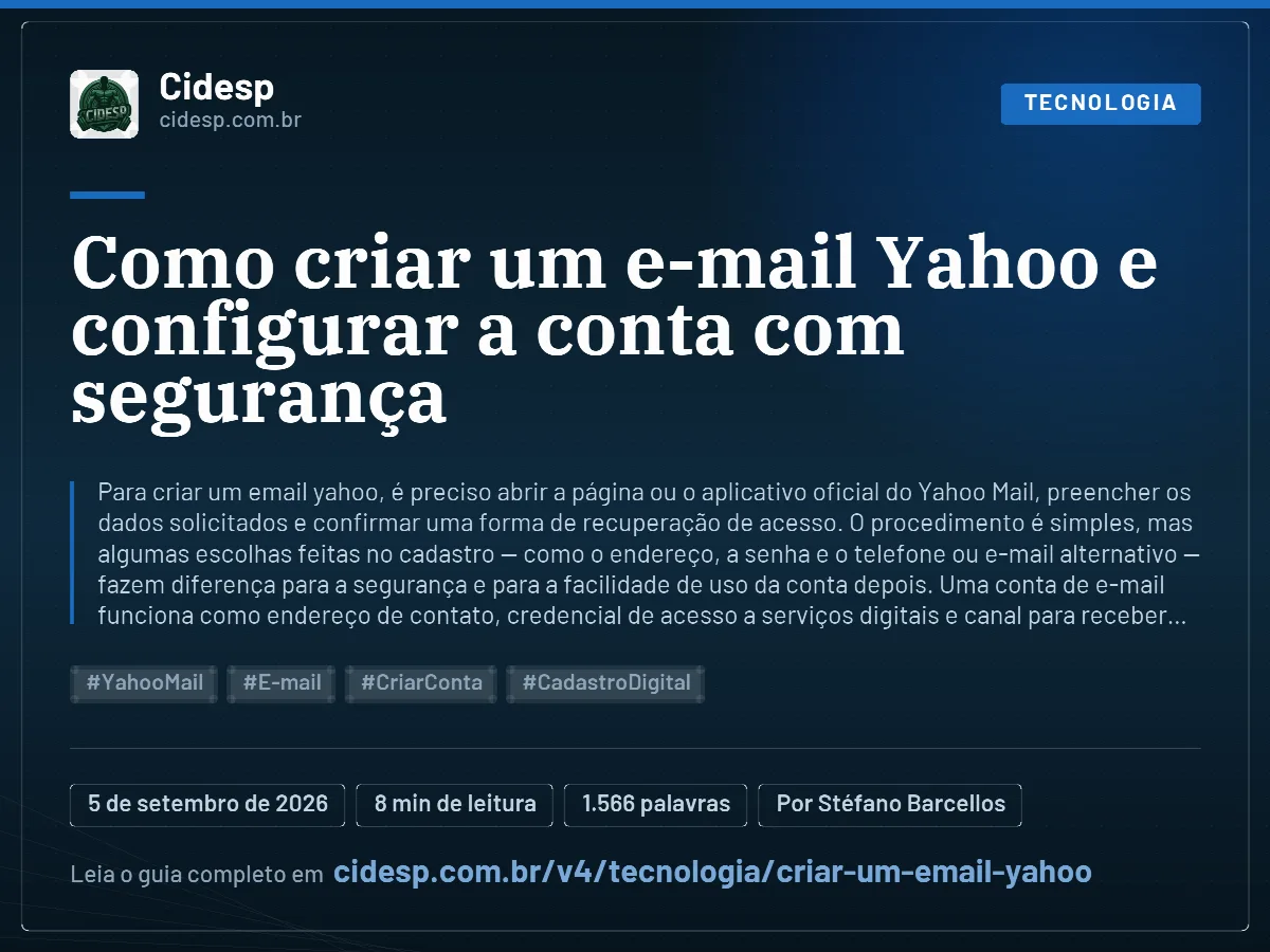 Cartão do artigo “Como criar um e-mail Yahoo e configurar a conta com segurança”, com resumo, data de publicação e endereço da página.