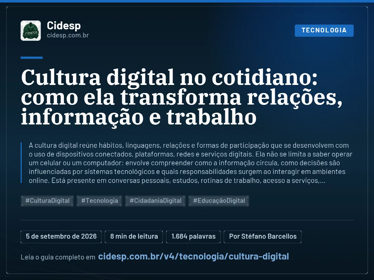 Cartão do artigo “Cultura digital no cotidiano: como ela transforma relações, informação e trabalho”, com resumo, data de publicação e endereço da página.