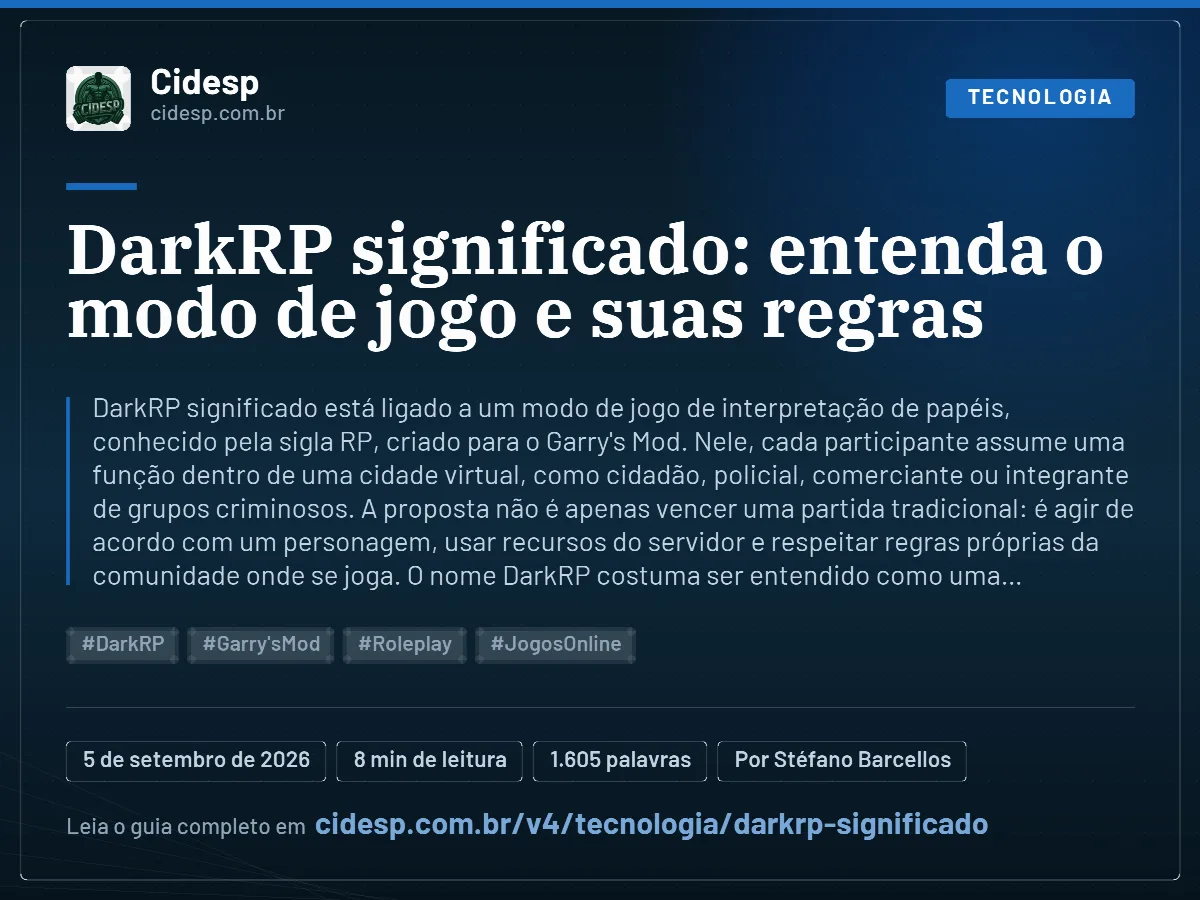 Cartão do artigo “DarkRP significado: entenda o modo de jogo e suas regras”, com resumo, data de publicação e endereço da página.