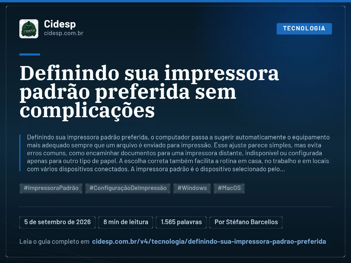 Cartão do artigo “Definindo sua impressora padrão preferida sem complicações”, com resumo, data de publicação e endereço da página.