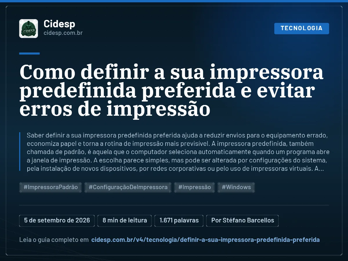 Cartão do artigo “Como definir a sua impressora predefinida preferida e evitar erros de impressão”, com resumo, data de publicação e endereço da página.