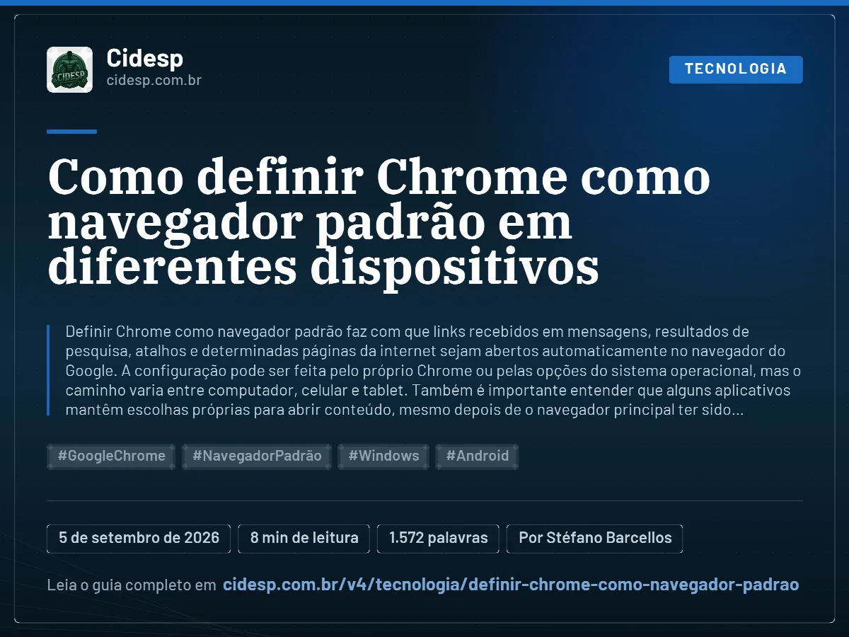 Cartão do artigo “Como definir Chrome como navegador padrão em diferentes dispositivos”, com resumo, data de publicação e endereço da página.