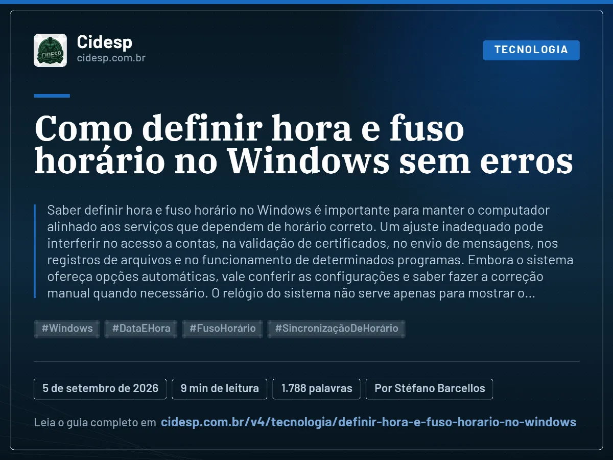 Cartão do artigo “Como definir hora e fuso horário no Windows sem erros”, com resumo, data de publicação e endereço da página.