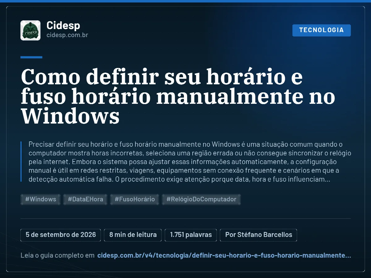 Cartão do artigo “Como definir seu horário e fuso horário manualmente no Windows”, com resumo, data de publicação e endereço da página.