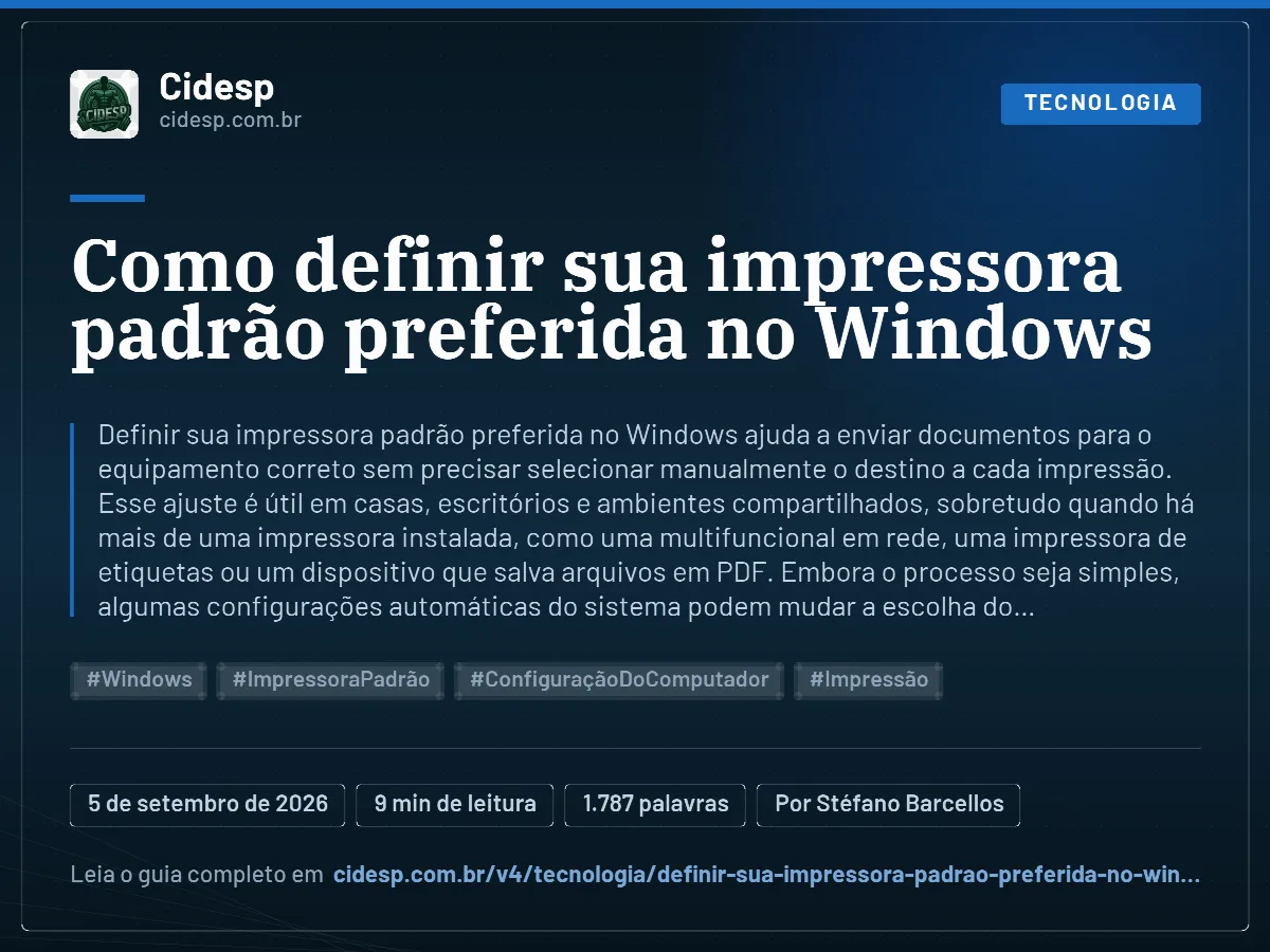 Cartão do artigo “Como definir sua impressora padrão preferida no Windows”, com resumo, data de publicação e endereço da página.