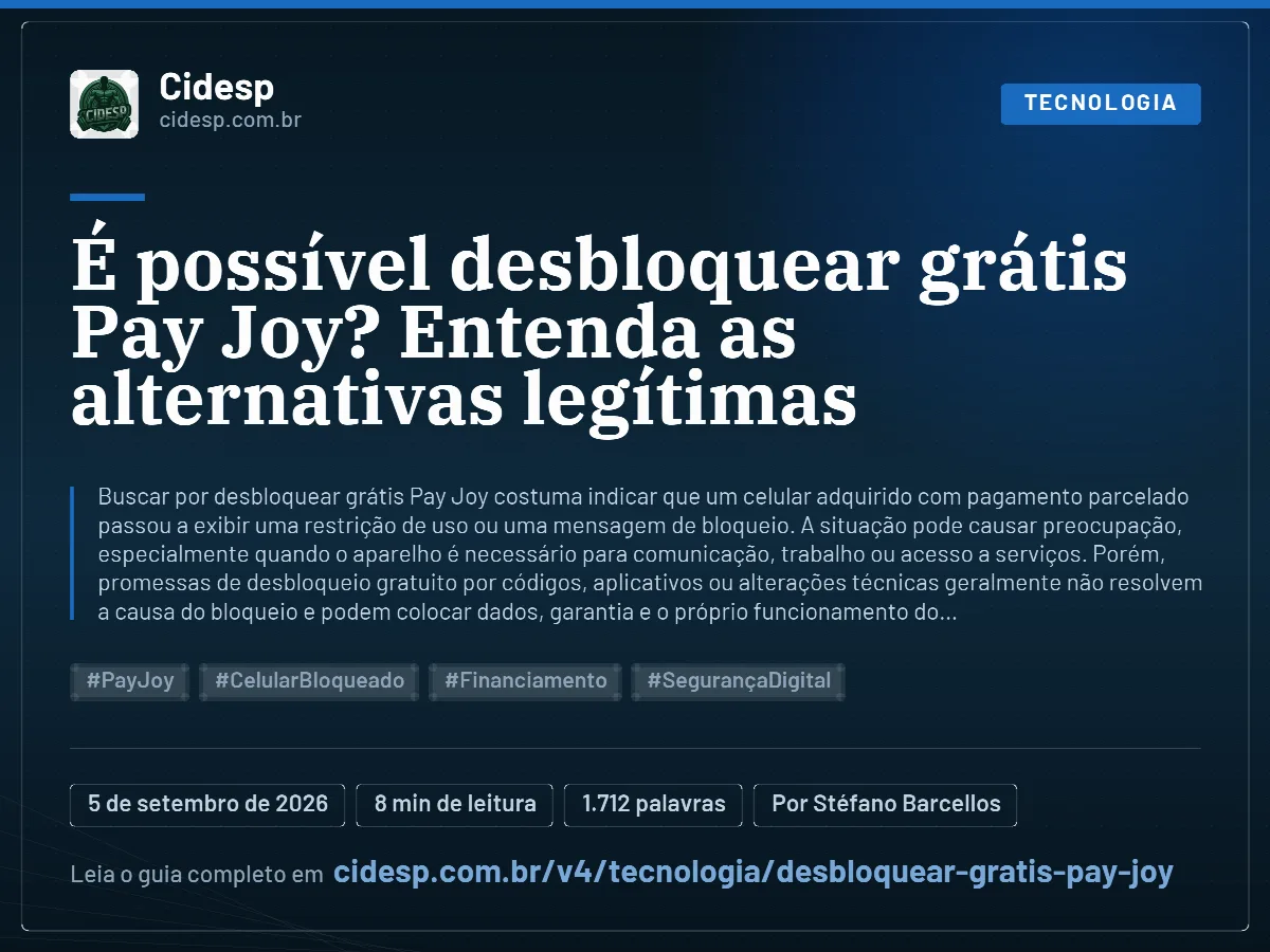 Cartão do artigo “É possível desbloquear grátis Pay Joy? Entenda as alternativas legítimas”, com resumo, data de publicação e endereço da página.