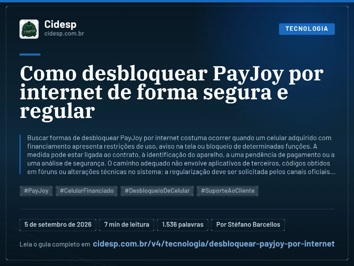 Cartão do artigo “Como desbloquear PayJoy por internet de forma segura e regular”, com resumo, data de publicação e endereço da página.