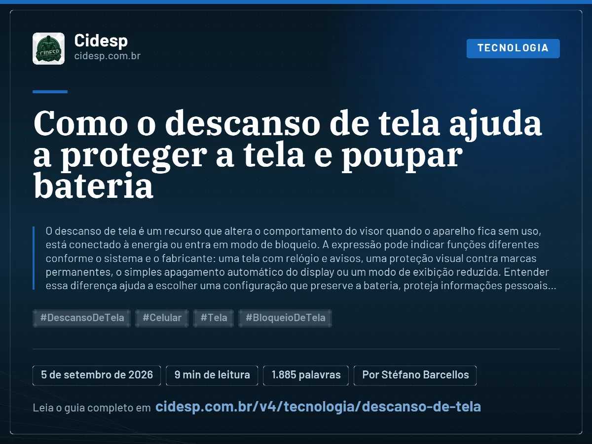 Cartão do artigo “Como o descanso de tela ajuda a proteger a tela e poupar bateria”, com resumo, data de publicação e endereço da página.
