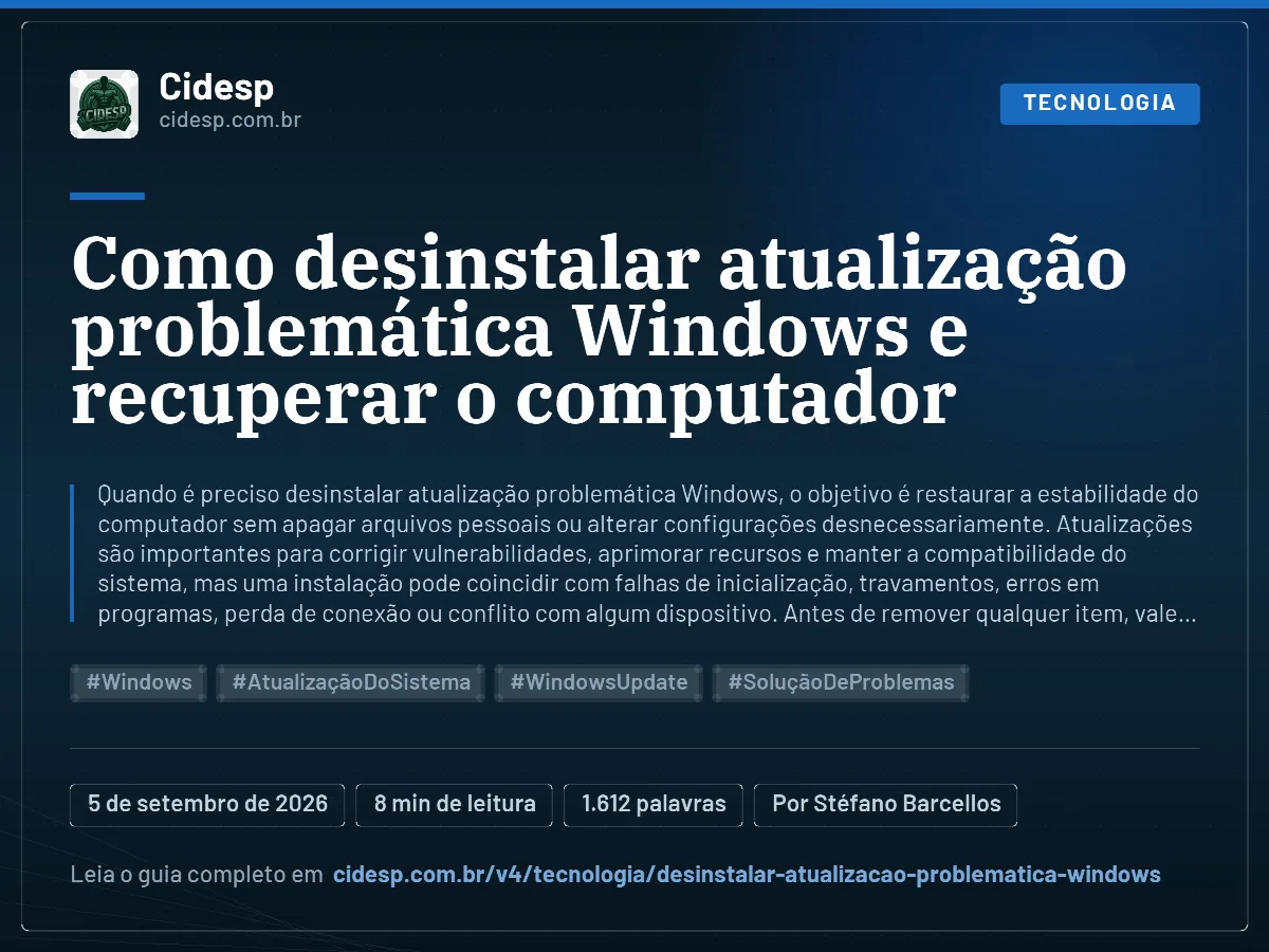 Cartão do artigo “Como desinstalar atualização problemática Windows e recuperar o computador”, com resumo, data de publicação e endereço da página.