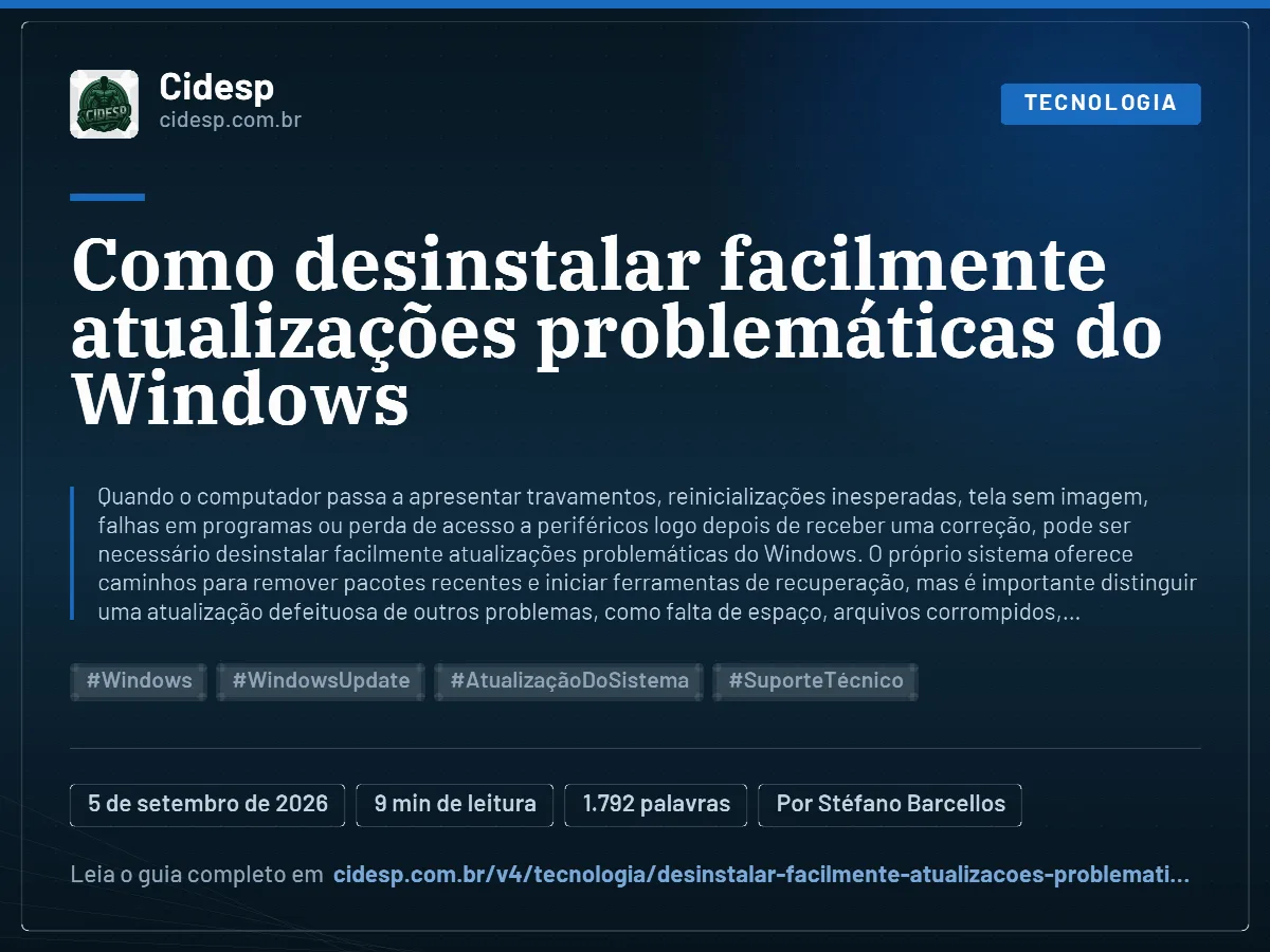 Cartão do artigo “Como desinstalar facilmente atualizações problemáticas do Windows”, com resumo, data de publicação e endereço da página.