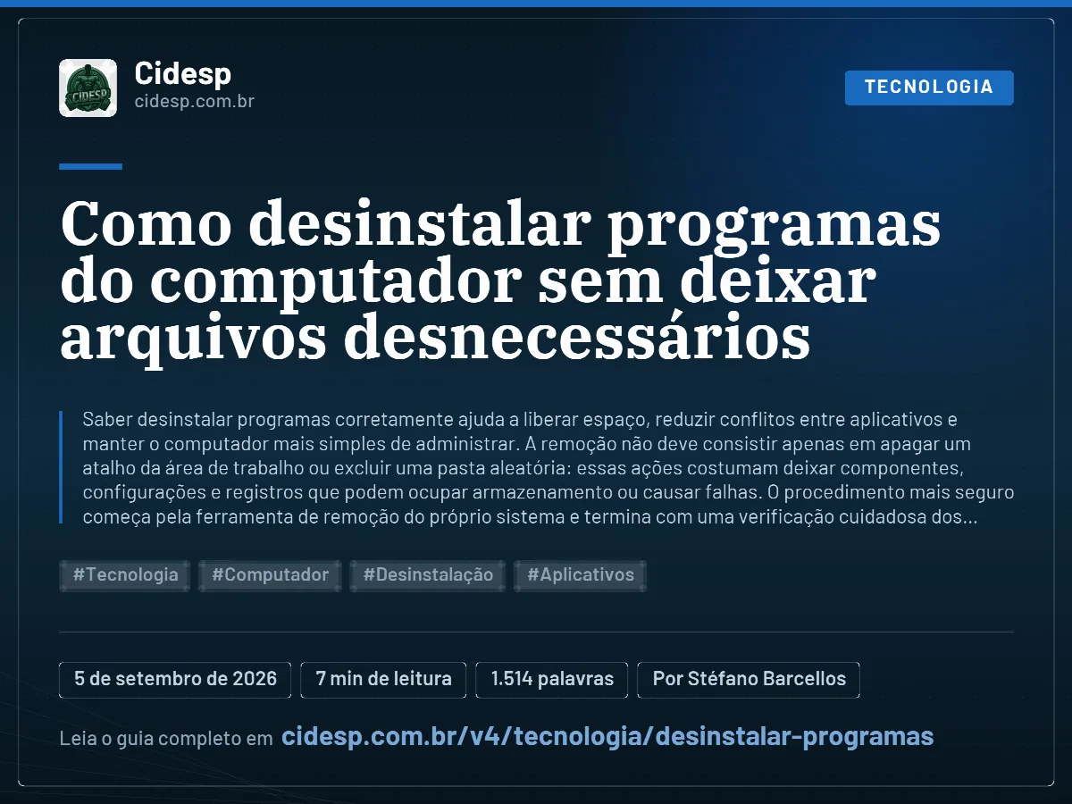 Cartão do artigo “Como desinstalar programas do computador sem deixar arquivos desnecessários”, com resumo, data de publicação e endereço da página.
