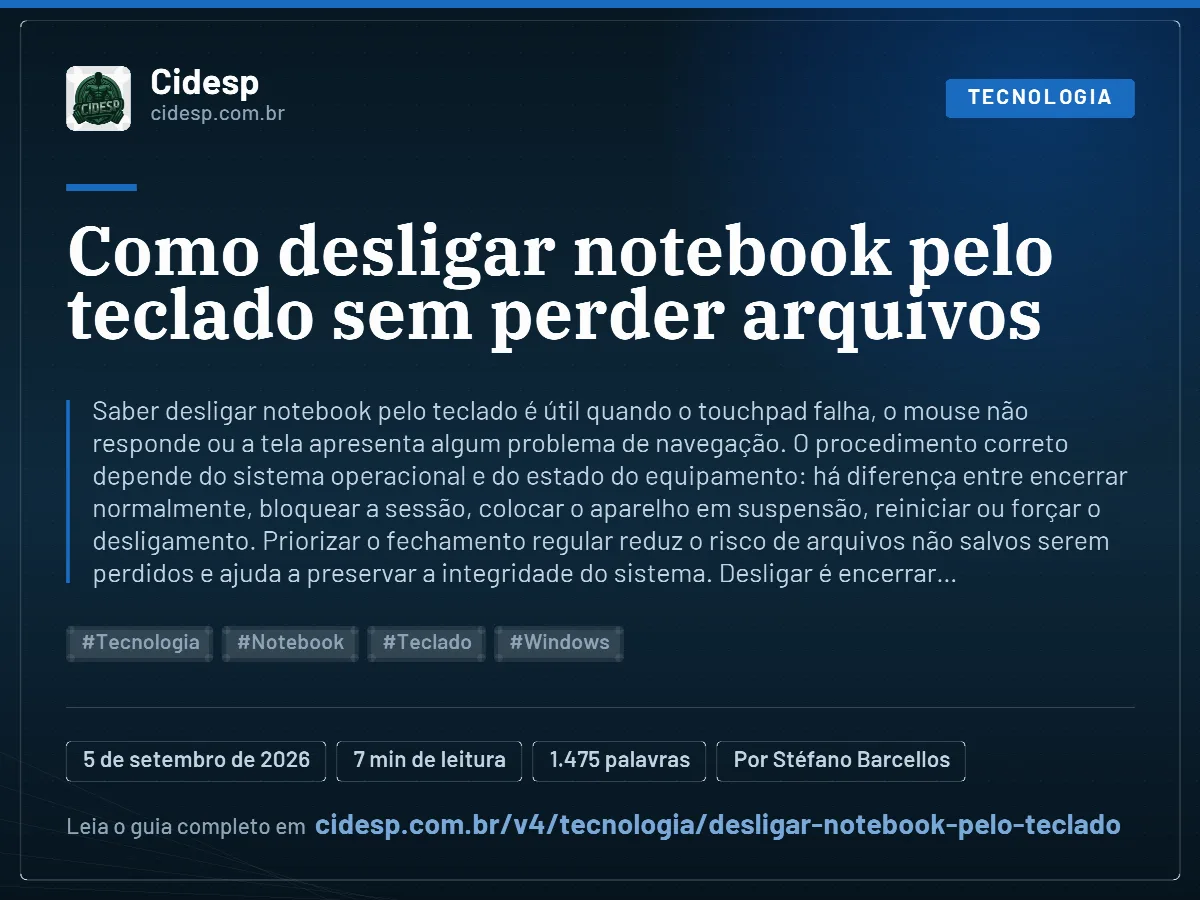 Cartão do artigo “Como desligar notebook pelo teclado sem perder arquivos”, com resumo, data de publicação e endereço da página.