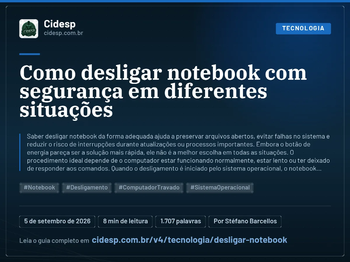 Cartão do artigo “Como desligar notebook com segurança em diferentes situações”, com resumo, data de publicação e endereço da página.