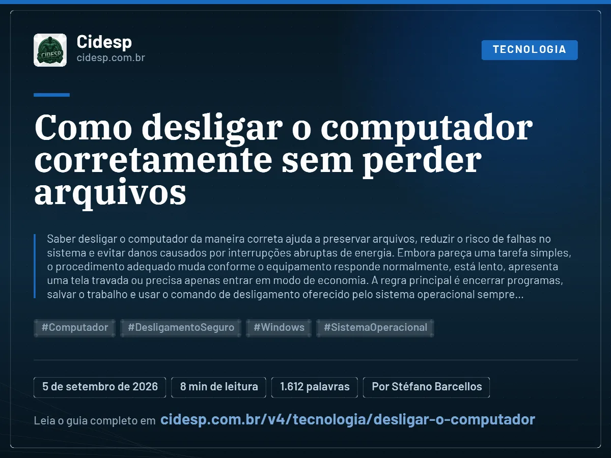 Cartão do artigo “Como desligar o computador corretamente sem perder arquivos”, com resumo, data de publicação e endereço da página.
