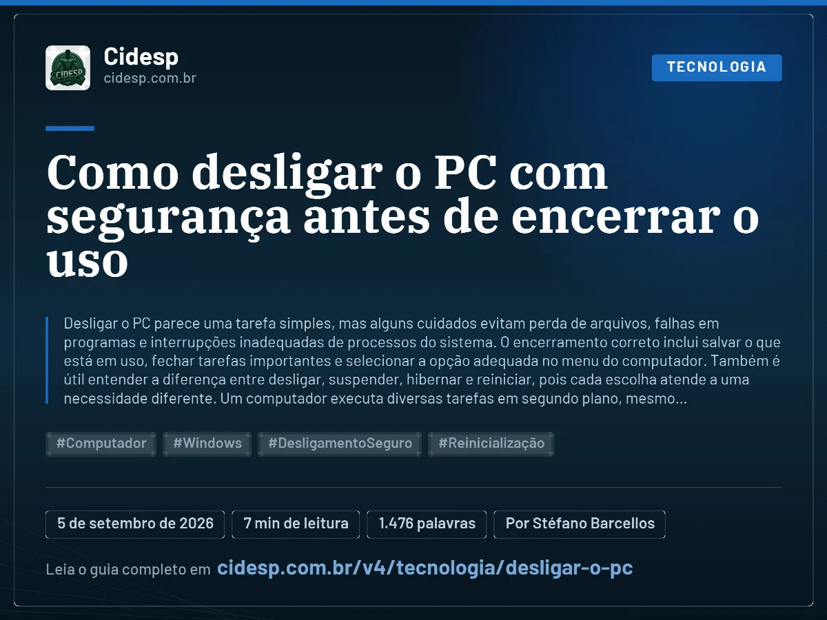 Cartão do artigo “Como desligar o PC com segurança antes de encerrar o uso”, com resumo, data de publicação e endereço da página.