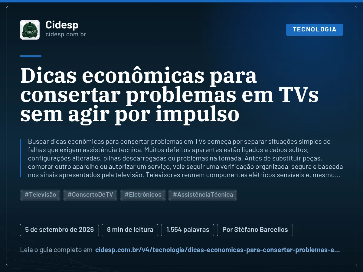 Cartão do artigo “Dicas econômicas para consertar problemas em TVs sem agir por impulso”, com resumo, data de publicação e endereço da página.