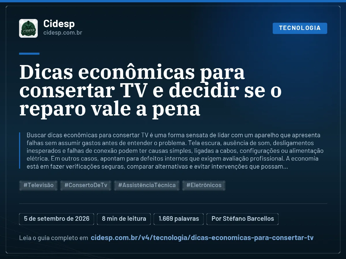 Cartão do artigo “Dicas econômicas para consertar TV e decidir se o reparo vale a pena”, com resumo, data de publicação e endereço da página.