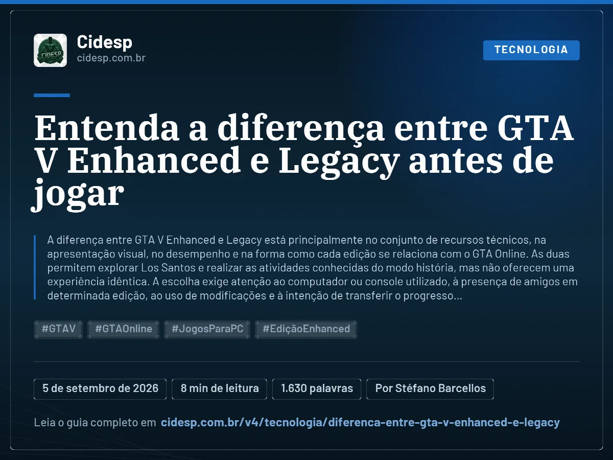 Cartão do artigo “Entenda a diferença entre GTA V Enhanced e Legacy antes de jogar”, com resumo, data de publicação e endereço da página.