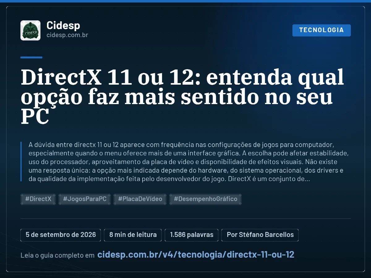 Cartão do artigo “DirectX 11 ou 12: entenda qual opção faz mais sentido no seu PC”, com resumo, data de publicação e endereço da página.