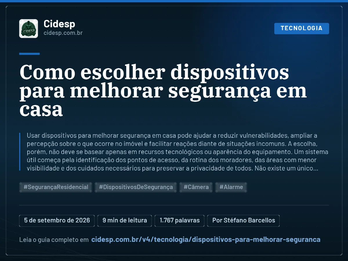 Cartão do artigo “Como escolher dispositivos para melhorar segurança em casa”, com resumo, data de publicação e endereço da página.